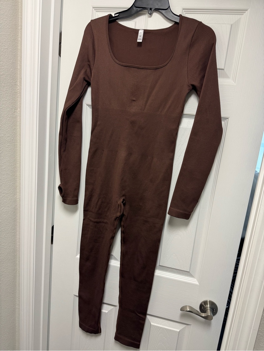 Ribbed Long-Sleeve Brown Square-Neck Jumpsuit